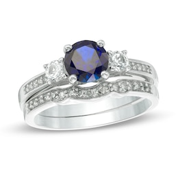 6.0mm Lab-Created Blue and White Sapphire with 0.14 CT. T.W. Diamond Three Stone Bridal Set in 10K White Gold