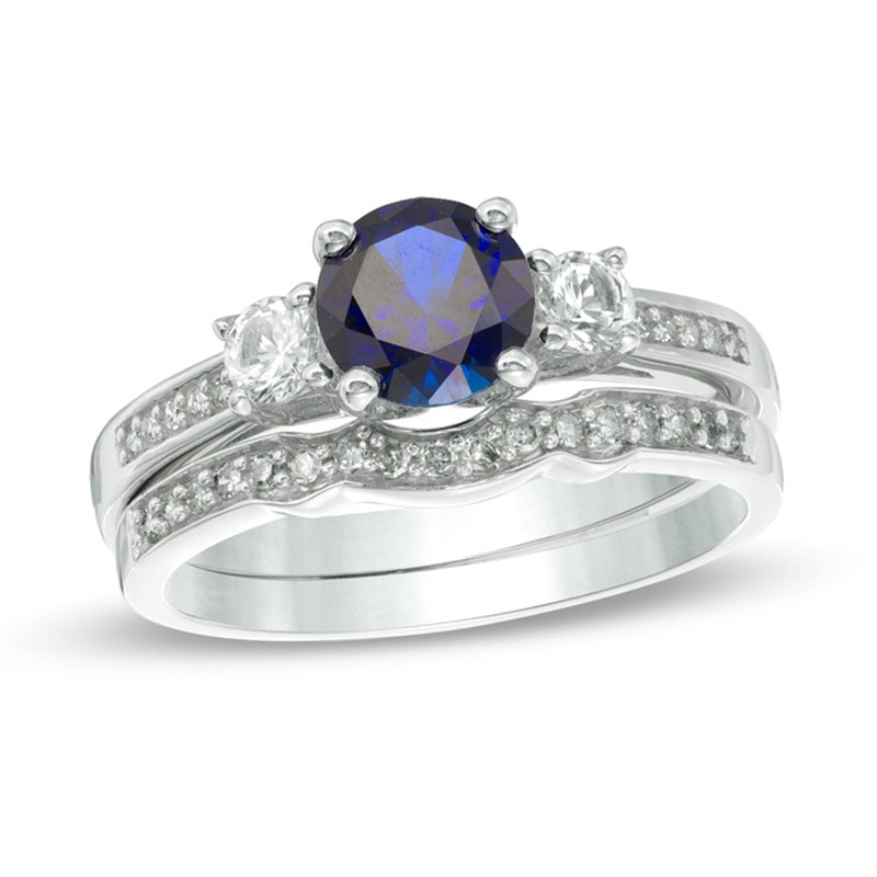 Main Image 1 of 6.0mm Lab-Created Blue and White Sapphire with 0.14 CT. T.W. Diamond Three Stone Bridal Set in 10K White Gold