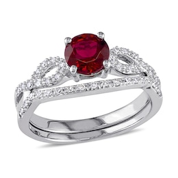 6.0mm Lab-Created Ruby and 0.14 CT. T.W. Diamond Twist Shank Bridal Set in 10K White Gold