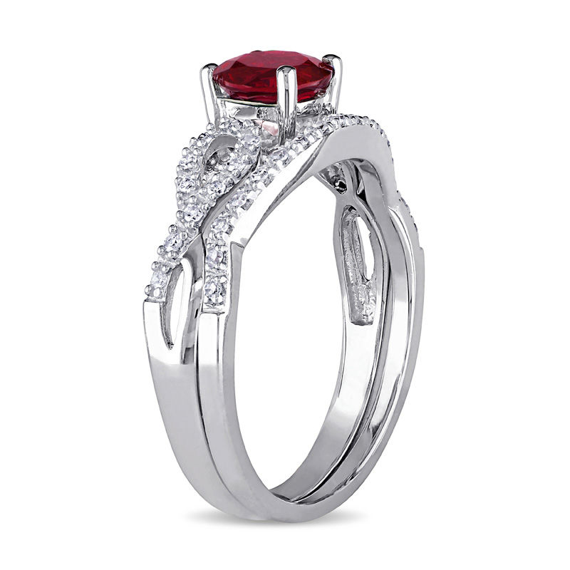 6.0mm Lab-Created Ruby and 0.14 CT. T.W. Diamond Twist Shank Bridal Set in 10K White Gold