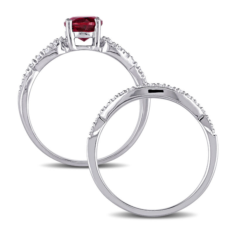 6.0mm Lab-Created Ruby and 0.14 CT. T.W. Diamond Twist Shank Bridal Set in 10K White Gold