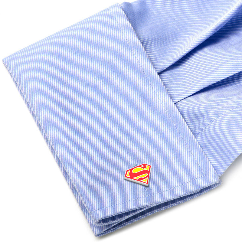 Main Image 3 of DC Comics Superman Shield Enamel Cuff Links in White Rhodium Brass