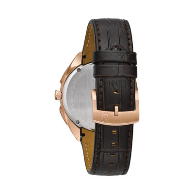 Men's Bulova Curv Chronograph Rose-Tone Strap Watch with Dark Grey Dial (Model: 97A124)