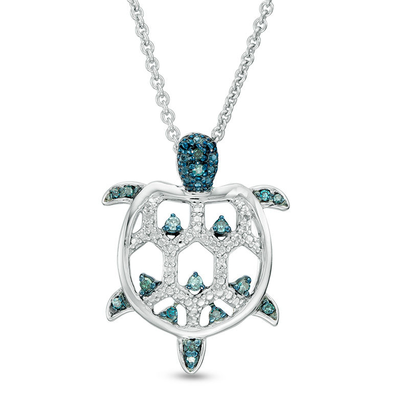 0.09 CT. T.W. Enhanced Blue and White Diamond Turtle Pendant in Sterling Silver