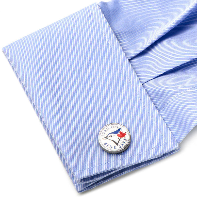 Men's MLB Toronto Blue Jays Logo Enamel Cuff Links in White Rhodium Brass|Peoples Jewellers