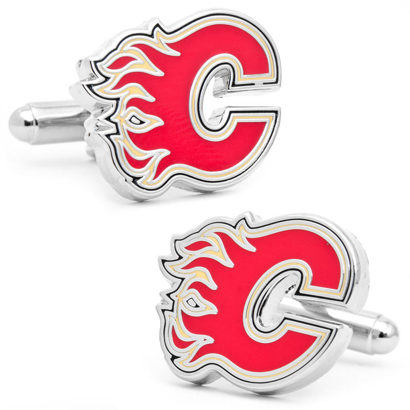 Men's NHL Calgary Flames Logo Enamel Cuff Links in White Rhodium Brass