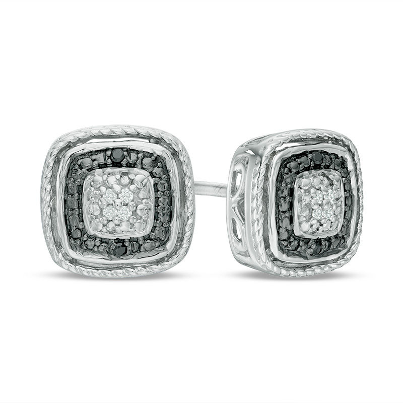 Black and White Diamond Accent Cushion Frame Stud Earrings in Sterling Silver