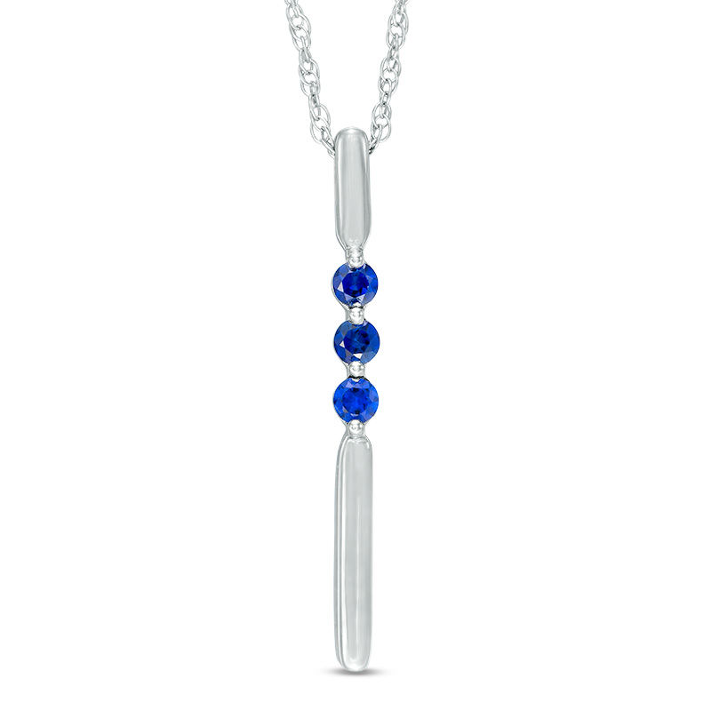 Lab-Created Blue Sapphire Linear Three Stone Bar Pendant in Sterling Silver