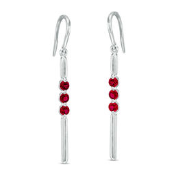 Lab-Created Ruby Three Stone Bar Drop Earrings in Sterling Silver