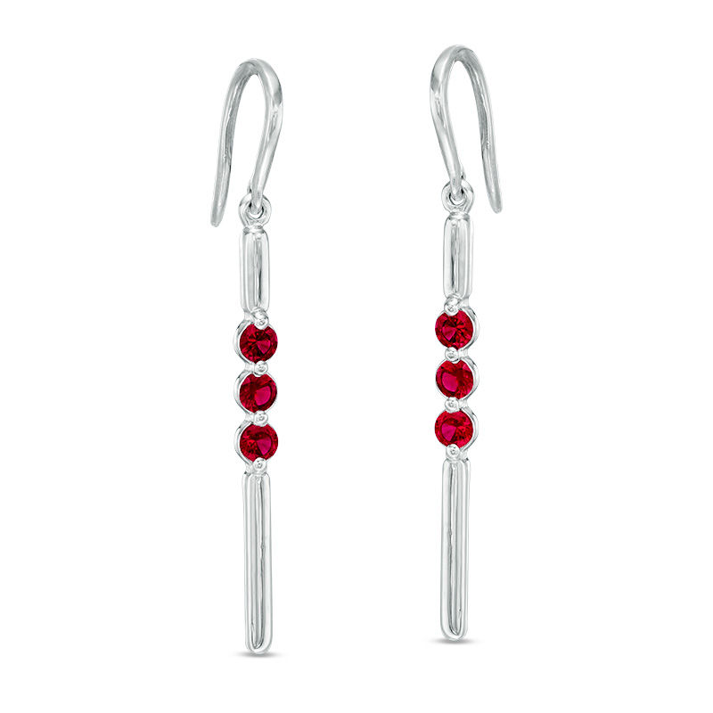 Lab-Created Ruby Three Stone Bar Drop Earrings in Sterling Silver