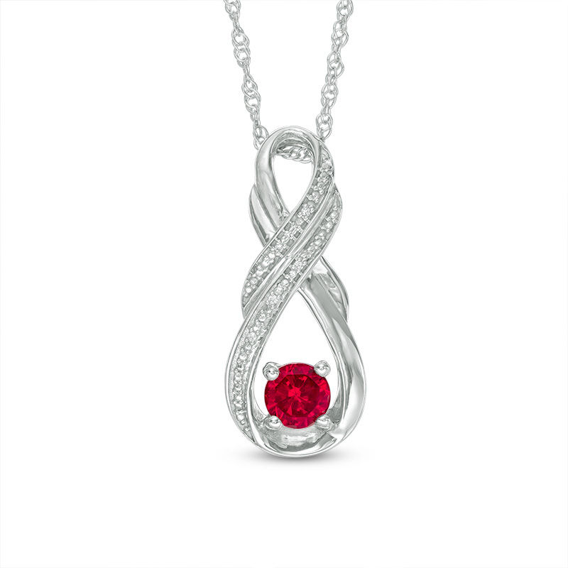 5.0mm Lab-Created Ruby and Diamond Accent Double Row Infinity Pendant in Sterling Silver
