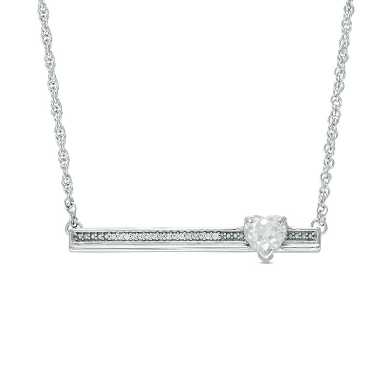 5.0mm Heart-Shaped Lab-Created White Sapphire and Diamond Accent Bar Necklace in Sterling Silver