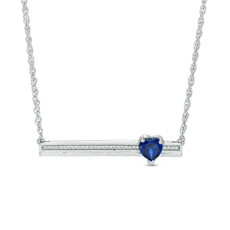 5.0mm Heart-Shaped Lab-Created Blue Sapphire and Diamond Accent Bar Necklace in Sterling Silver