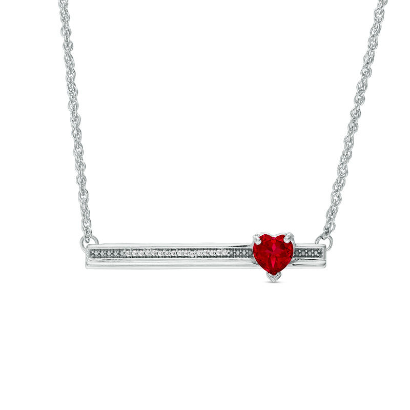 5.0mm Heart-Shaped Lab-Created Ruby and Diamond Accent Bar Necklace in Sterling Silver