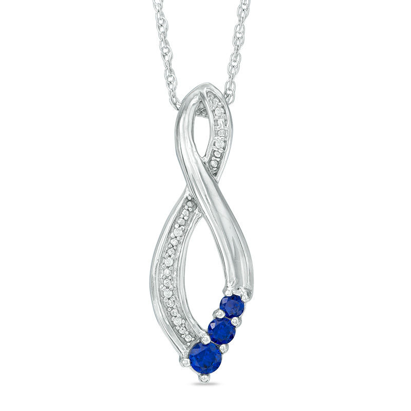 Lab-Created Blue Sapphire and Diamond Accent Three Stone Infinity Pendant in Sterling Silver