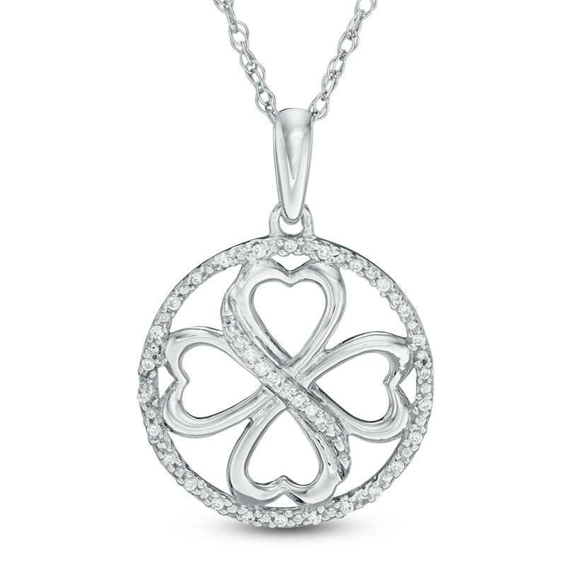 0.09 CT. T.W. Diamond Heart-Shaped Four Leaf Clover Circle Pendant in Sterling Silver