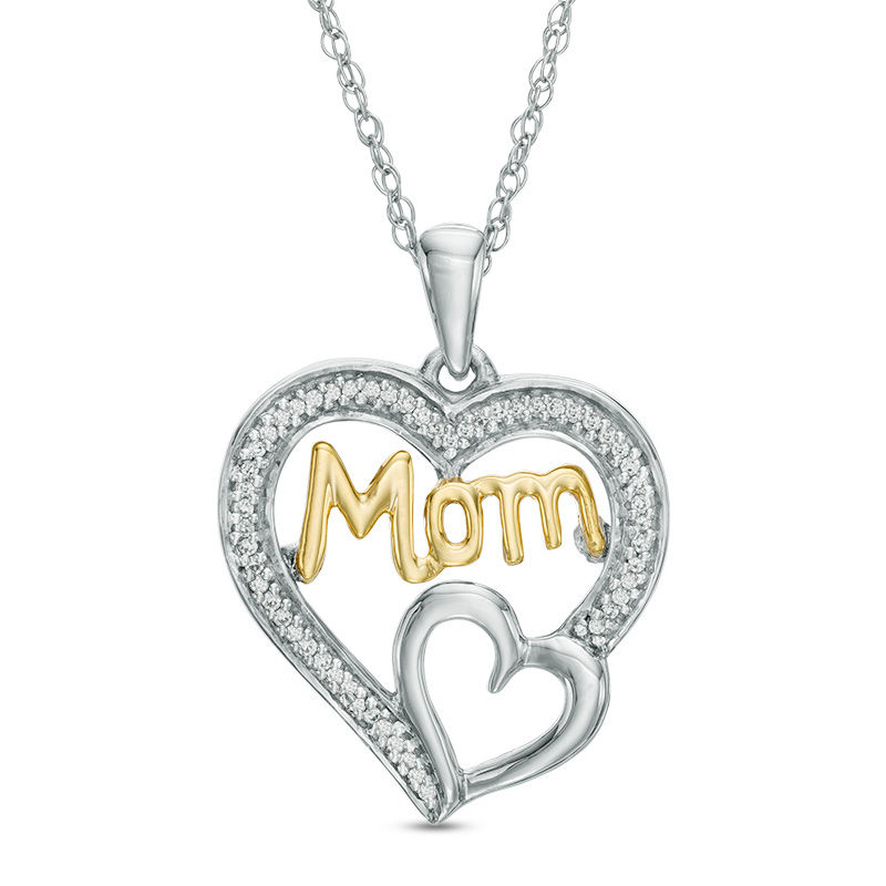 0.11 CT. T.W. Diamond "Mom" Double Heart Pendant in Sterling Silver and 10K Gold