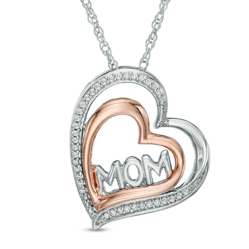 0.10 CT. T.W. Diamond "MOM" Tilted Double Heart Pendant in Sterling Silver and 10K Rose Gold|Peoples Jewellers
