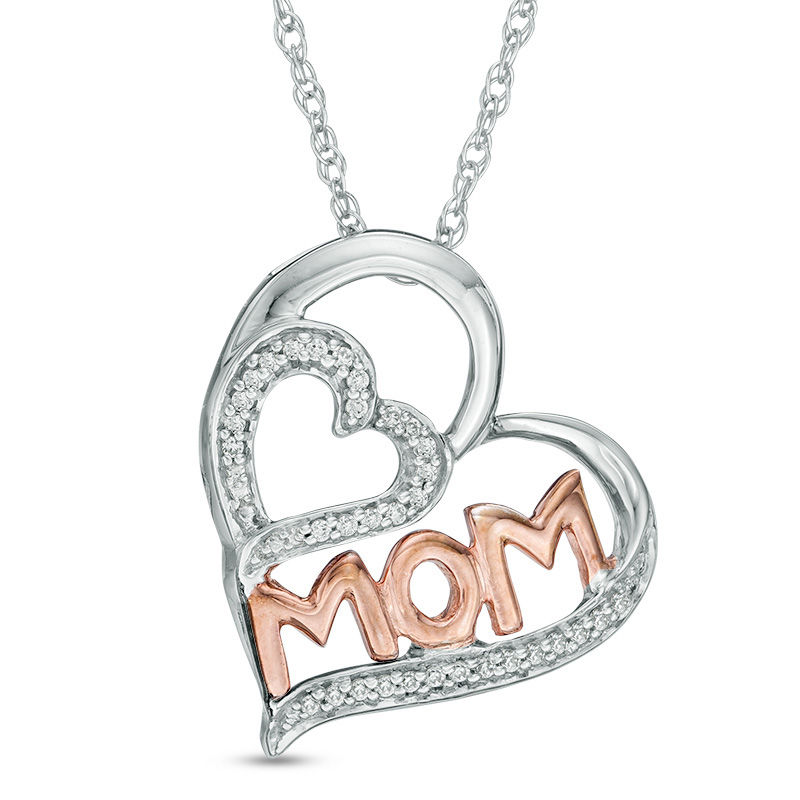 0.09 CT. T.W. Diamond "MOM" Tilted Double Heart Pendant in Sterling Silver and 10K Rose Gold|Peoples Jewellers