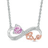 Thumbnail Image 0 of Lab-Created Pink Sapphire and Diamond Accent Cursive "love" Infinity Necklace in Sterling Silver and 10K Rose Gold
