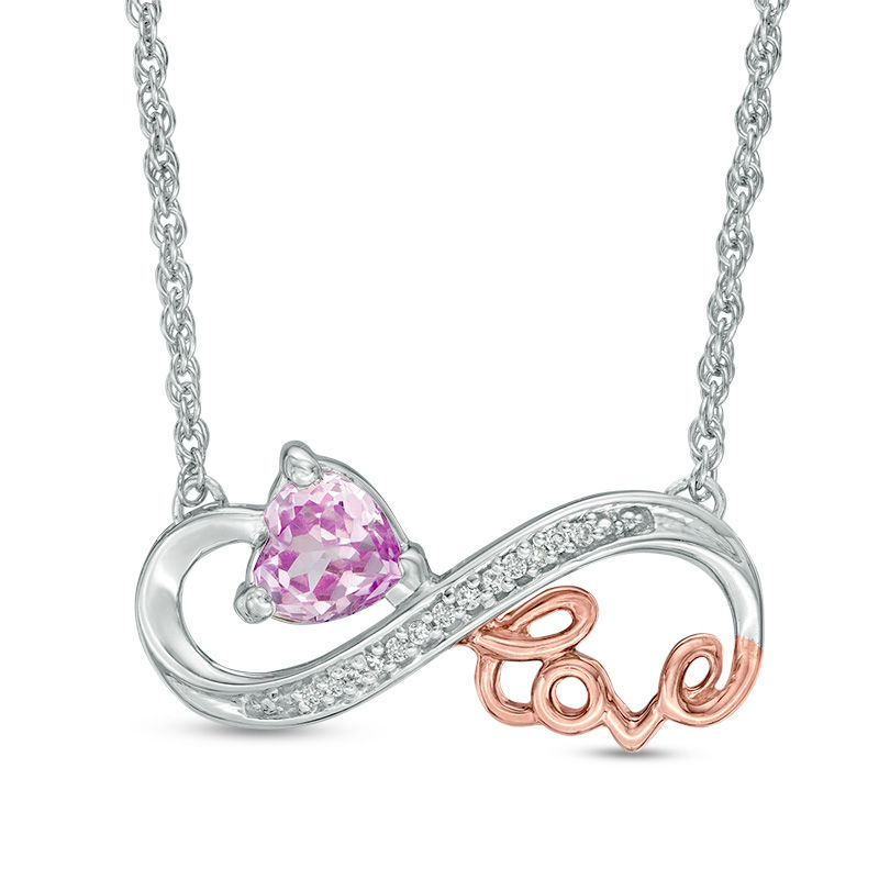 Lab-Created Pink Sapphire and Diamond Accent Cursive "love" Infinity Necklace in Sterling Silver and 10K Rose Gold
