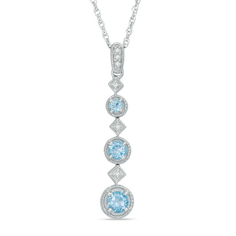 Blue Topaz and Diamond Accent Graduating Three Stone Vintage-Style Pendant in 10K White Gold