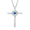 Thumbnail Image 0 of Unstoppable Love™ Lab-Created Blue and White Sapphire Heart Frame Cross Pendant in Sterling Silver