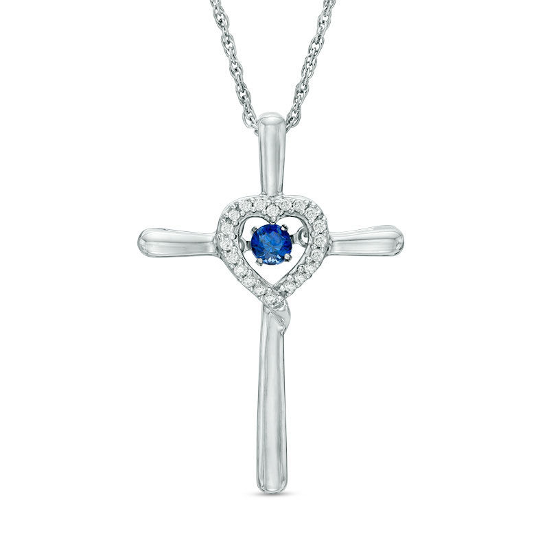 Unstoppable Love™ Lab-Created Blue and White Sapphire Heart Frame Cross Pendant in Sterling Silver
