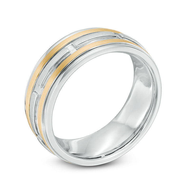 Men's 8.0mm Brick Patterned Comfort Fit Wedding Band in 14K Two-Tone Gold - Size 10|Peoples Jewellers