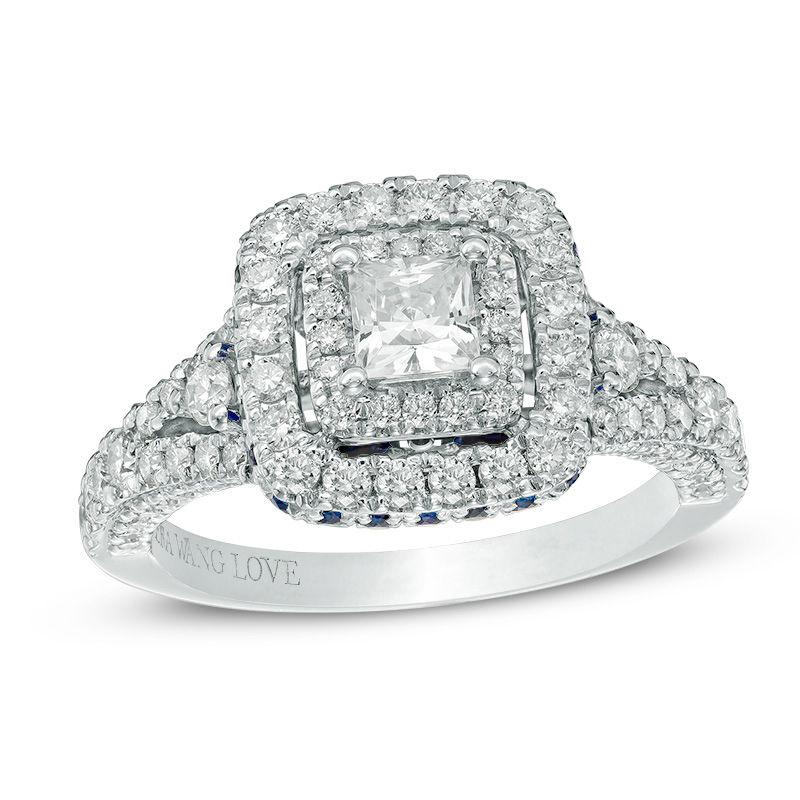 Vera Wang Love Collection 1.30 CT. T.W. Princess-Cut Diamond and Sapphire Frame Engagement Ring in 14K White Gold|Peoples Jewellers