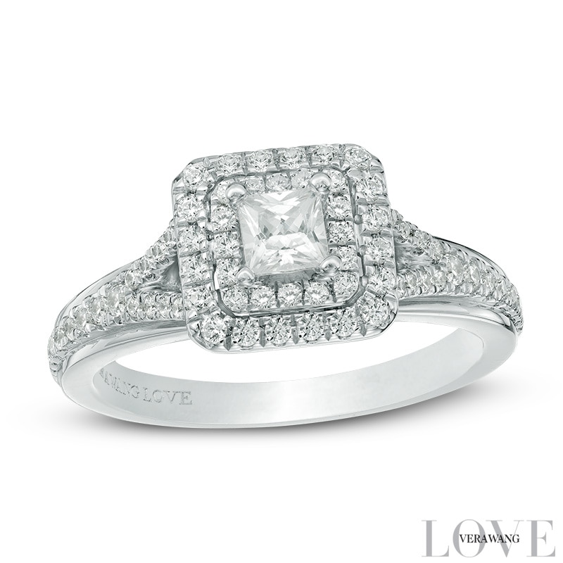 Vera Wang Love Collection 0.58 CT. T.W. Princess-Cut Diamond Double Frame Engagement Ring 14K White Gold