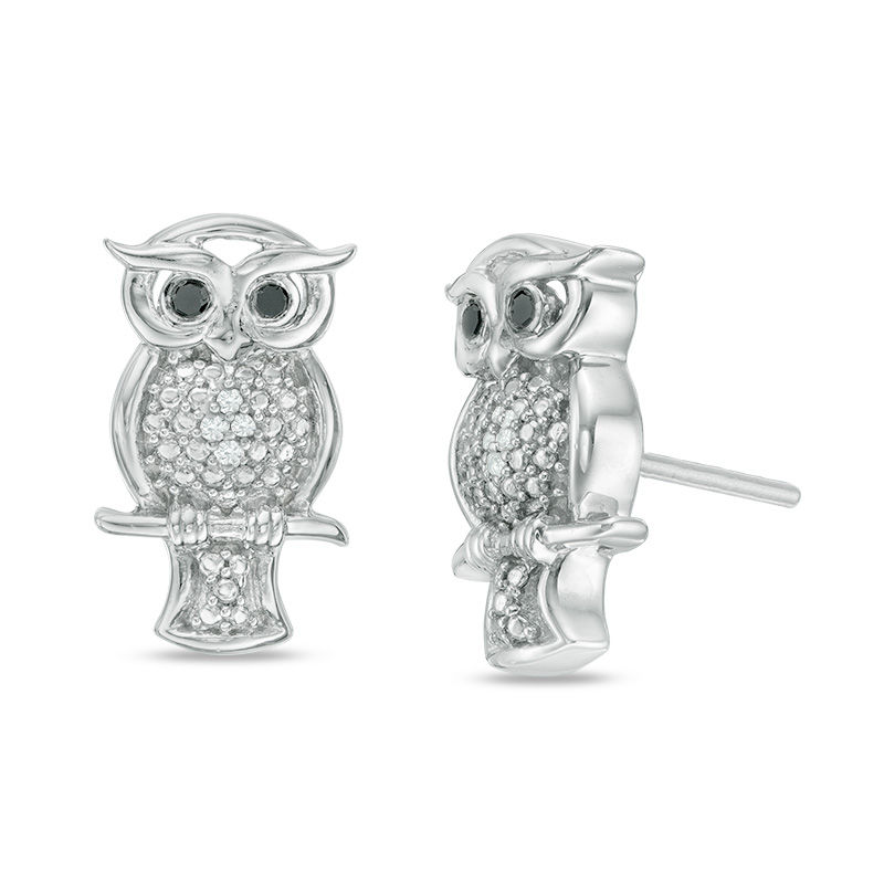 0.04 CT. T.W. Enhanced Black and White Diamond Owl Stud Earrings in Sterling Silver