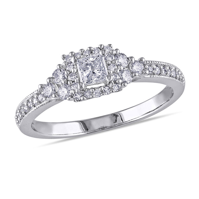 0.50 CT. T.W. Princess-Cut Diamond Frame Tri-Sides Vintage-Style Ring in 14K White Gold