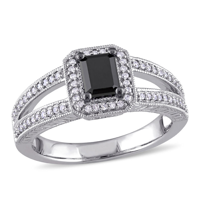 0.94 CT. T.W. Emerald-Cut Enhanced Black and White Diamond Vintage-Style Engagement Ring in 10K White Gold|Peoples Jewellers