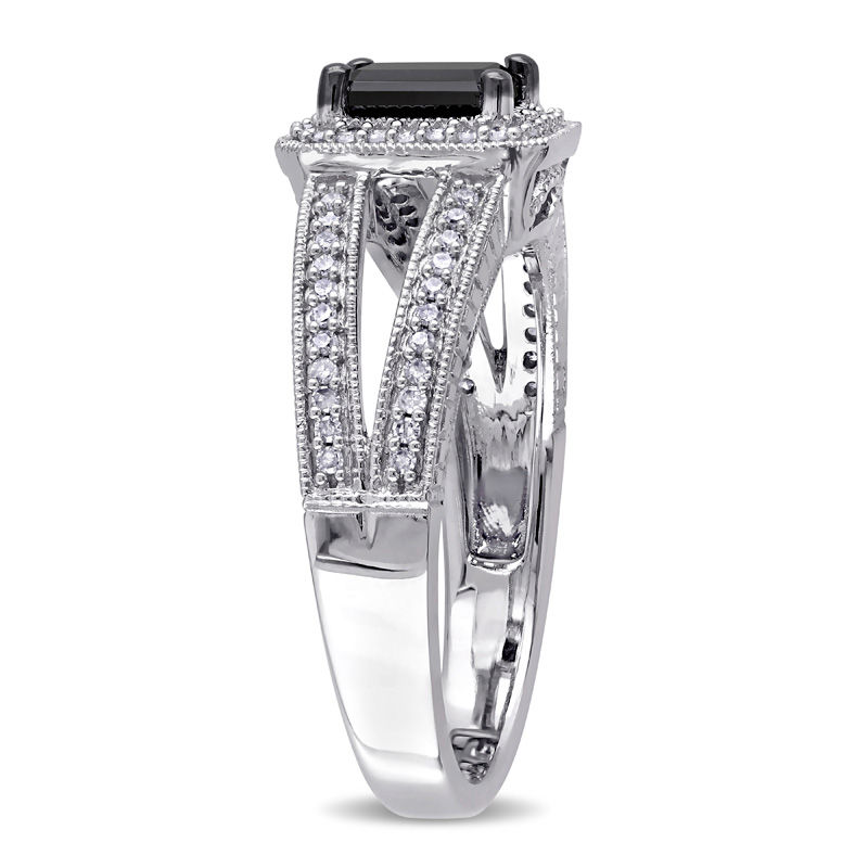 Main Image 2 of 0.94 CT. T.W. Emerald-Cut Enhanced Black and White Diamond Vintage-Style Engagement Ring in 10K White Gold