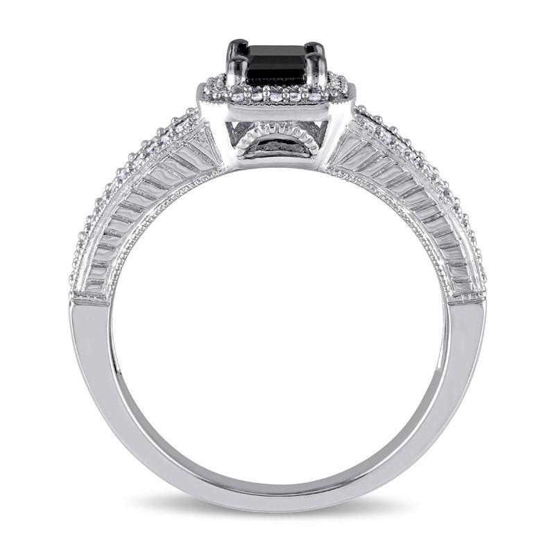 0.94 CT. T.W. Emerald-Cut Enhanced Black and White Diamond Vintage-Style Engagement Ring in 10K White Gold