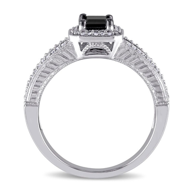 Main Image 3 of 0.94 CT. T.W. Emerald-Cut Enhanced Black and White Diamond Vintage-Style Engagement Ring in 10K White Gold