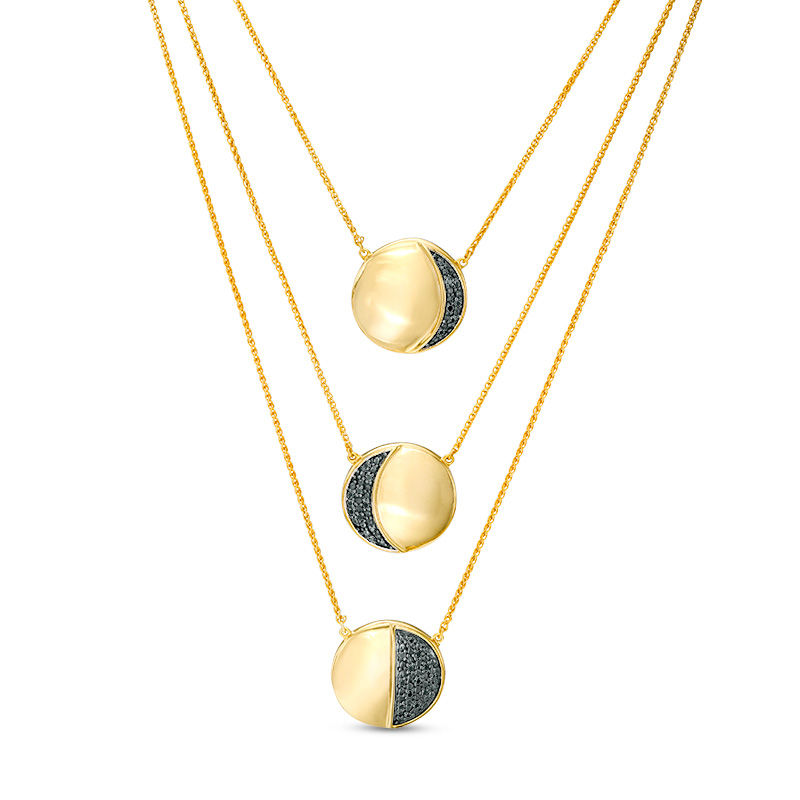 0.18 CT. T.W. Black Diamond Moon Triple Strand Necklace in Sterling Silver and 14K Gold Plate - 28"|Peoples Jewellers