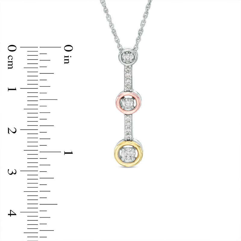 Main Image 2 of 0.23 CT. T.W. Diamond Three Stone Station Linear Drop Pendant in 10K Tri-Tone Gold
