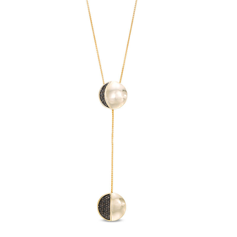 0.15 CT. T.W. Black Diamond Two Moon Lariat Necklace in Sterling Silver and 14K Gold Plate - 38"|Peoples Jewellers
