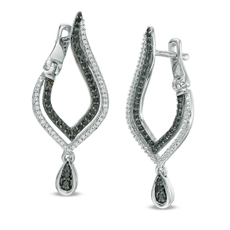 0.45 CT. T.W. Enhanced Black and White Diamond Flame Twist Drop Earrings in 10K White Gold