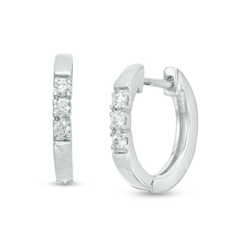 0.13 CT. T.W. Diamond Three Stone Huggie Hoop Earrings in 10K White Gold