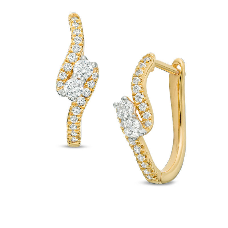 Main Image 1 of Ever Us™ 0.40 CT. T.W. Two-Stone Diamond Bypass Hoop Earrings in 14K Gold