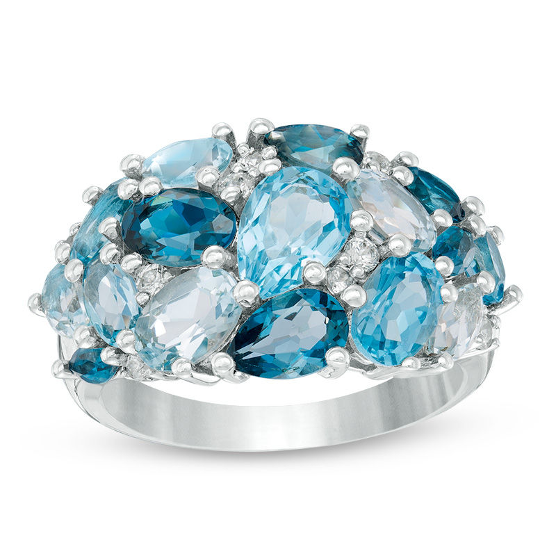 Multi-Shaped Blue Topaz and Lab-Created White Sapphire Cluster Dome Ring in Sterling Silver