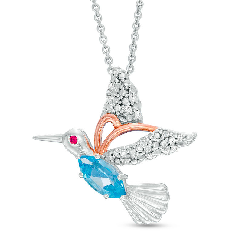 Swiss Blue Topaz, Lab-Created Ruby and White Sapphire Hummingbird Pendant in Sterling Silver and 14K Rose Gold Plate