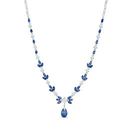 Multi-Shaped Lab-Created Blue and White Sapphire Floral Drop Necklace in Sterling Silver - 17&quot;