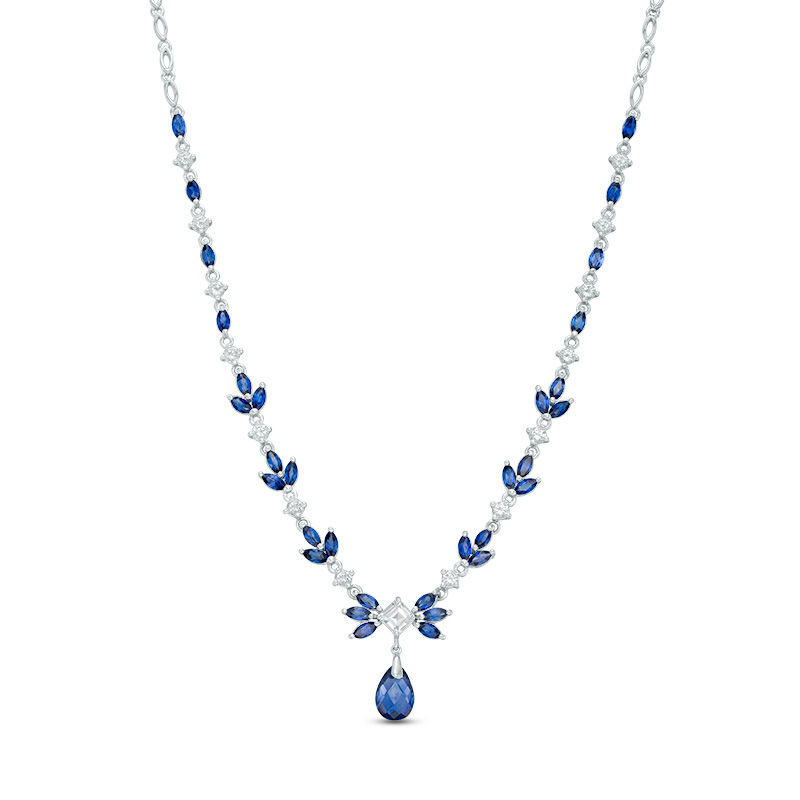 Multi-Shaped Lab-Created Blue and White Sapphire Floral Drop Necklace in Sterling Silver - 17"|Peoples Jewellers