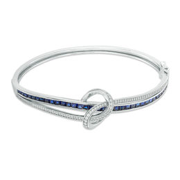 Princess-Cut Lab-Created Blue and White Sapphire Loose Knot Bangle in Sterling Silver