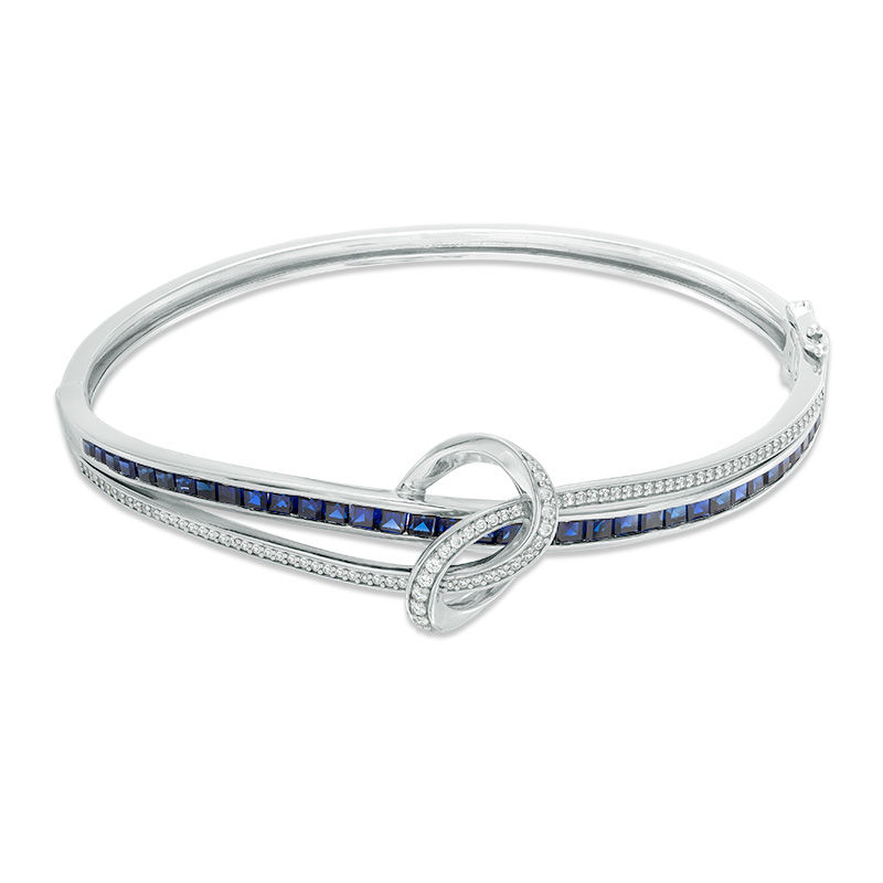 Princess-Cut Lab-Created Blue and White Sapphire Loose Knot Bangle in Sterling Silver|Peoples Jewellers