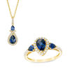 Thumbnail Image 0 of Pear-Shaped Lab-Created Blue and White Sapphire Frame Pendant and Ring Set in 10K Gold